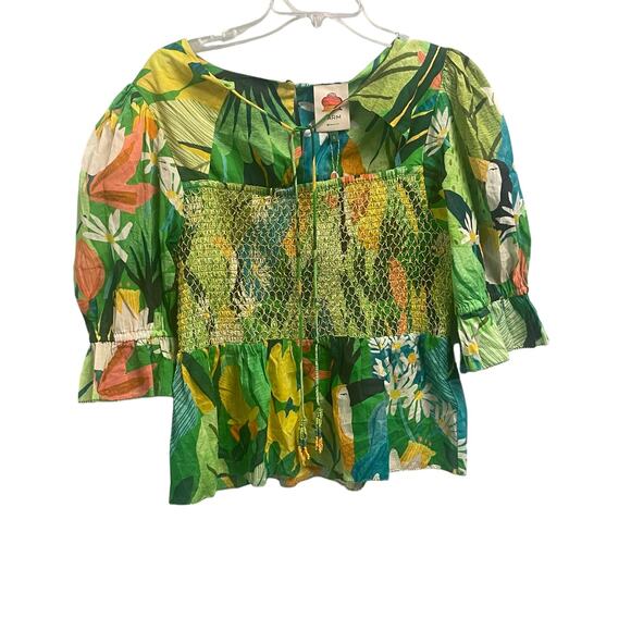 Farm Rio Vintage Toucans Smocked Puff Sleeve Blouse Size Large NEW Tropical - Picture 1 of 6